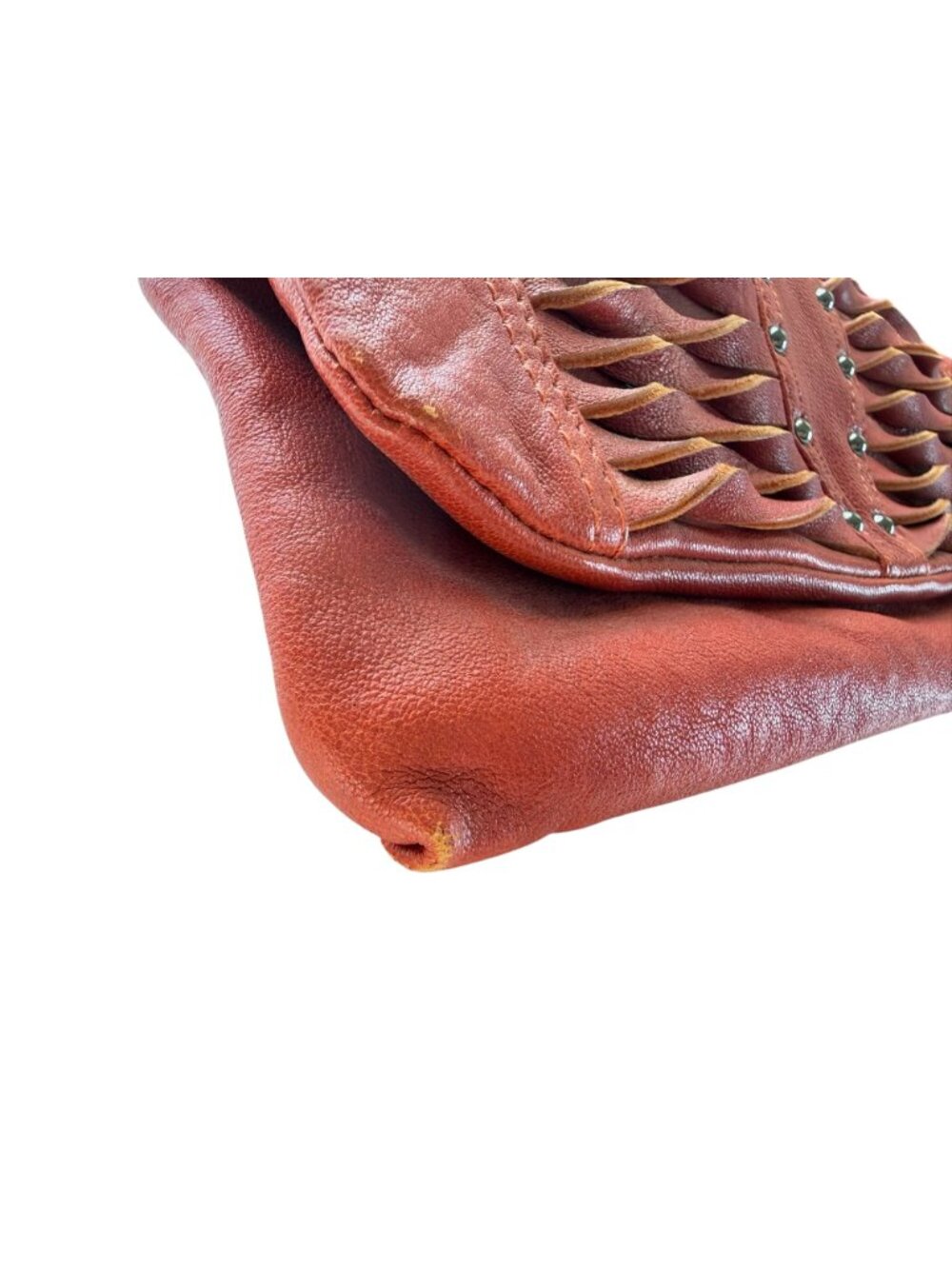 7Chi Rust Cognac Leather Clutch Braided Detailing Stud Accents Zipper - Picture 7 of 12